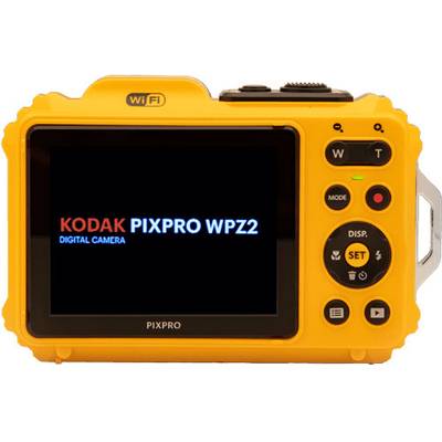 Yellow digital camera viewed from the back, with a display showing the text 'KODAK PIXPRO WPZ2 DIGITAL CAMERA', and several control buttons.