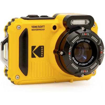 A yellow, waterproof camera from Kodak with 15m/50ft depth rating. Equipped with a 4x wide-angle zoom lens, suitable for outdoor photography.