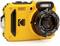 A yellow, waterproof camera from Kodak with 15m/50ft depth rating. Equipped with a 4x wide-angle zoom lens, suitable for outdoor photography.