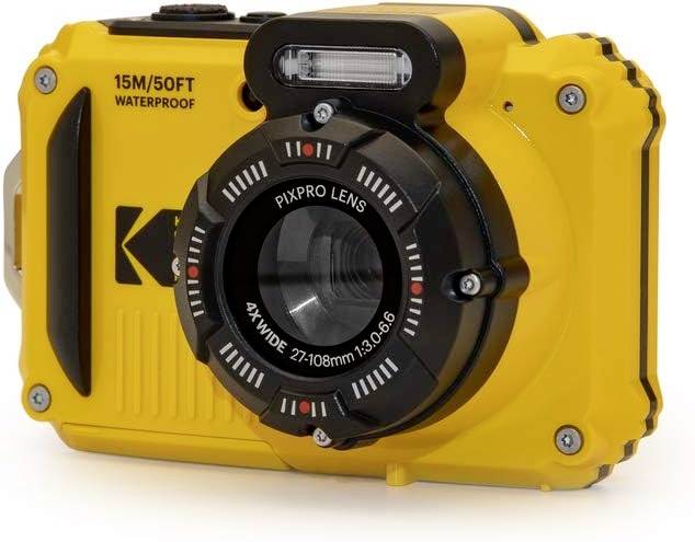 Yellow, waterproof digital camera with a robust housing, suitable for underwater photography up to 15 metres deep.