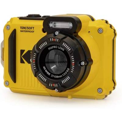 Yellow, waterproof digital camera with a robust housing, suitable for underwater photography up to 15 metres deep.