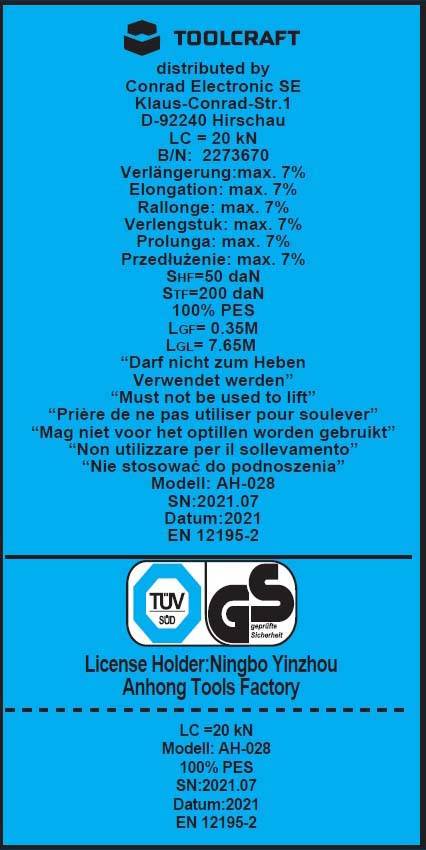A label with tool information and safety regulations. Contains details about loading, certifications, and manufacturer information.