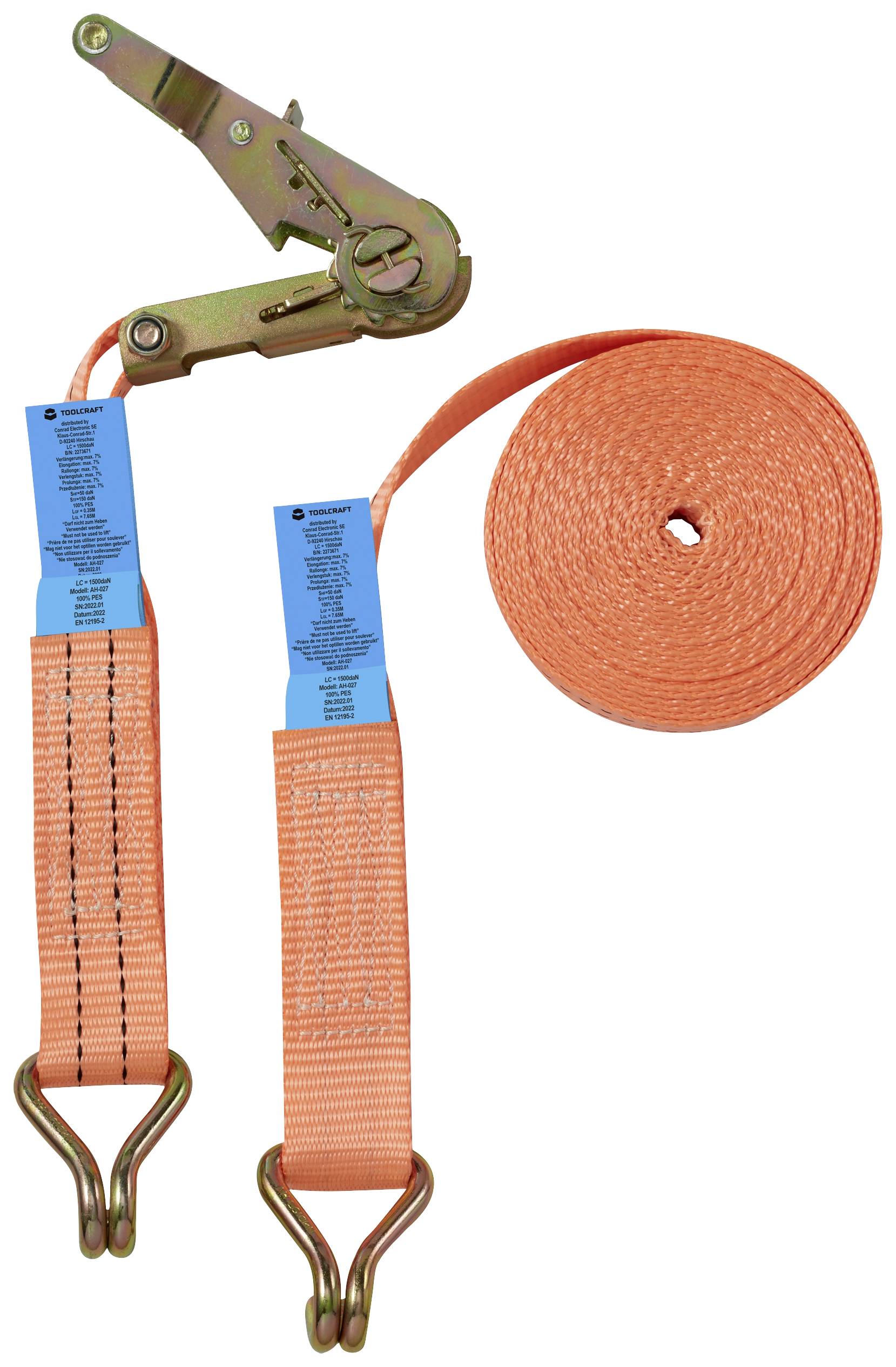 An orange ratchet strap with two hooks, suitable for load restraint.