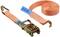 Ratchet strap with hook in orange, used for securely fastening loads.