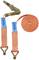An orange lashing system with a ratchet and hooks for cargo securing. Contains labels with specifications and certifications.