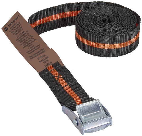 TOOLCRAFT 2273673 Buckle strap Low lashing capacity (single/direct)=125 daN (L x W) 2.5 m x 25 mm Cam buckle