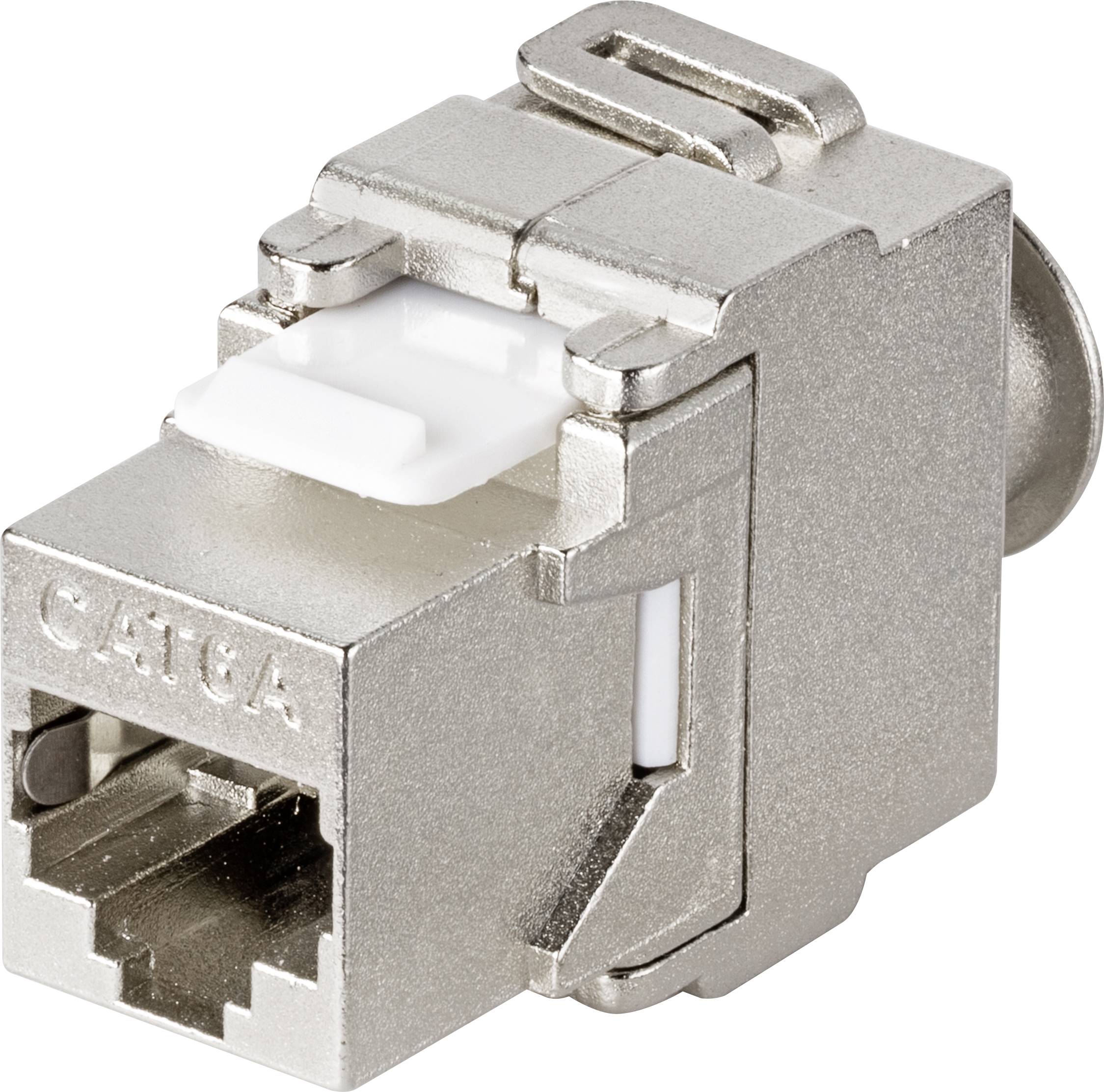 Metal Ethernet keystone jack with RJ45 input, suitable for reliable data transmission in network installations.