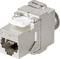 Metal Ethernet keystone jack with RJ45 input, suitable for reliable data transmission in network installations.