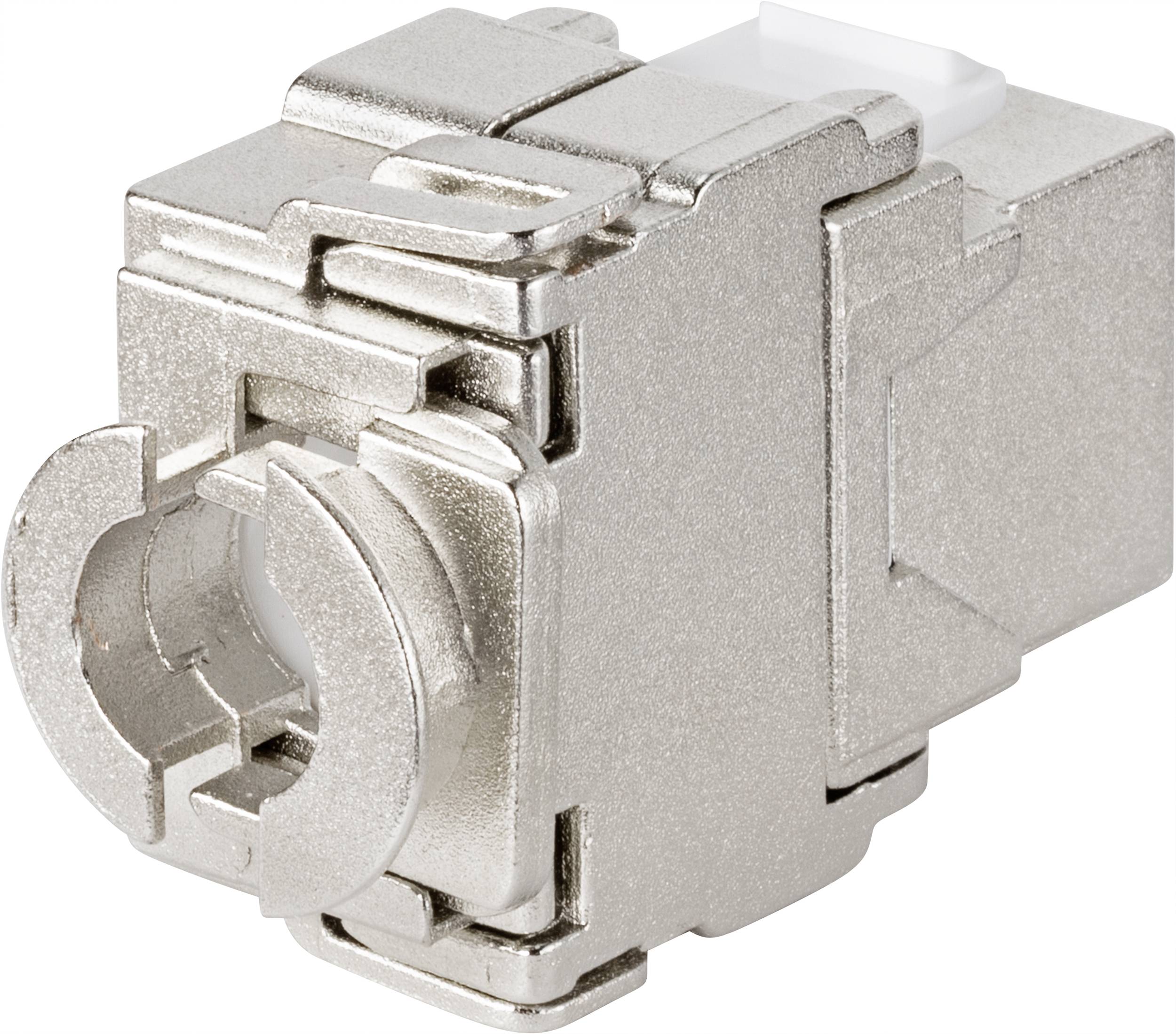 Metallic cable plug with a rectangular housing, suitable for network connections.