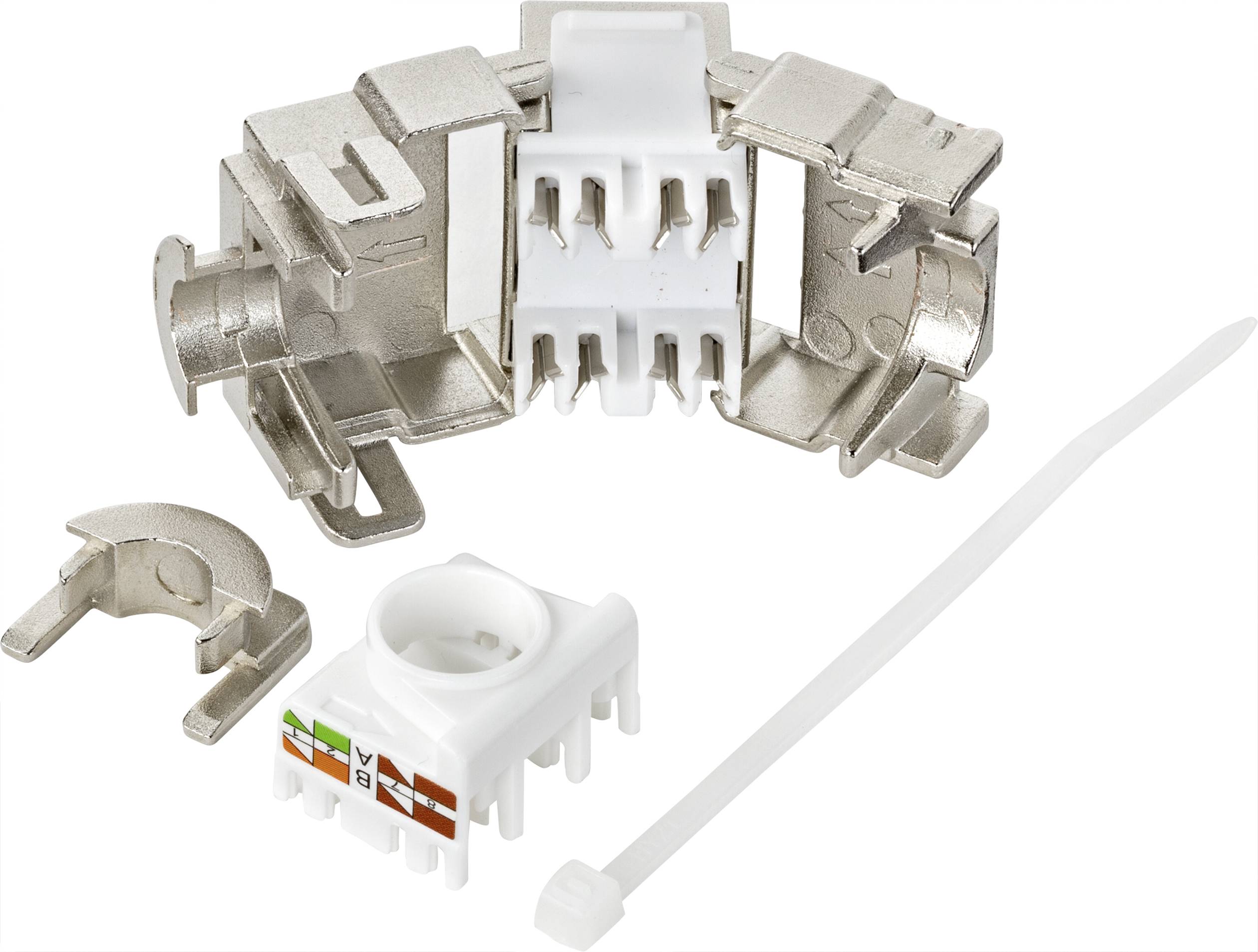 A network plug assembly kit with metal housing, plastic component and cable tie, suitable for the installation of communication cables.