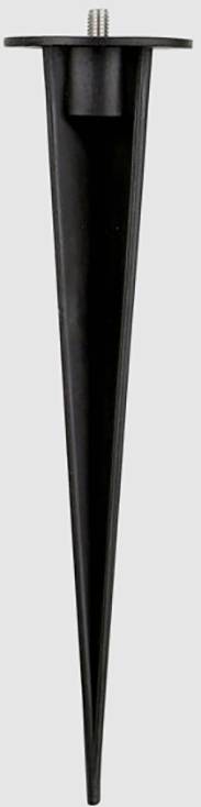 A black ground spike for outdoor use, with a threaded screw head at the top for securing items such as lamps or signs.