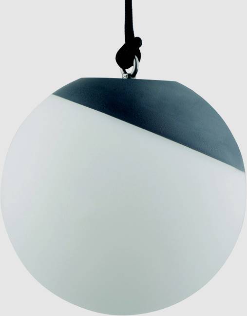Round pendant light with a half black-covered, white sphere. It is suspended by a black cord.