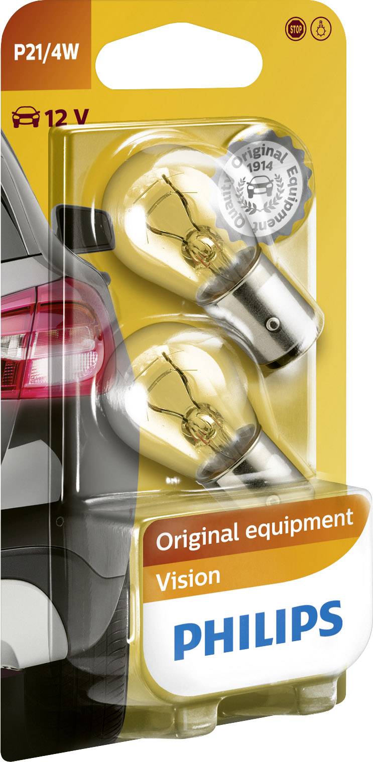 'Philips Vision P21/4W 12V Bulbs, Original Accessory, Pack of Two Bulbs, Image of a Car in the Background.'