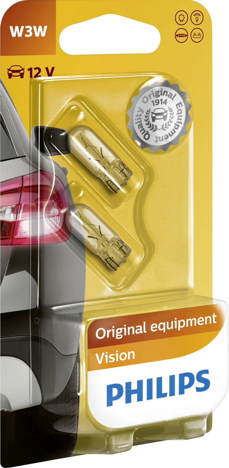 'Philips' 12V Automotive Bulb Packaging, two light bulbs, yellow design with an image of an automotive part in the background. Original replacement part.