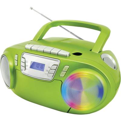 Green portable radio boombox with an extendable antenna, speakers, and a digital display showing '10:16'.