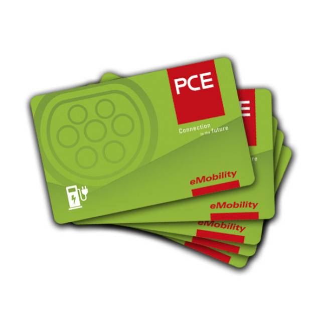Four green e-mobility cards with the print 'PCE Connection to the future' and a stylised plug symbol.