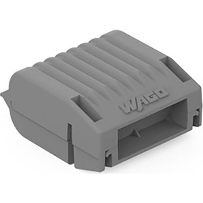 A grey connector with a ribbed surface, featuring the 'WAGO' inscription. Suitable for electrical connections.