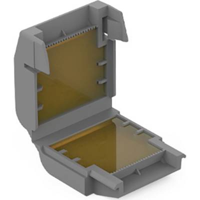 An open grey plastic box with orange interior, suitable for electronic components or connections.