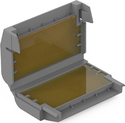 Grey, foldable plastic enclosure with transparent inner sides, suitable for protecting electronic components.
