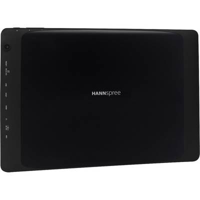A black tablet with 'HANNSpree' written on the back. Various ports and symbols are visible on the left side.