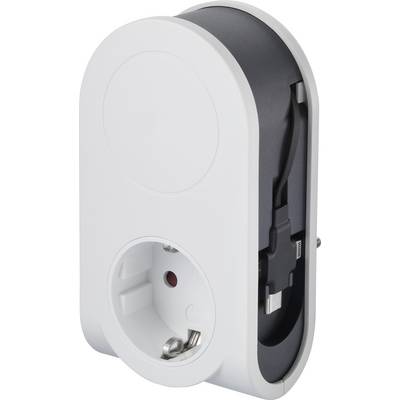A white charger with a power socket and integrated cable management. Suitable for charging devices via USB port.