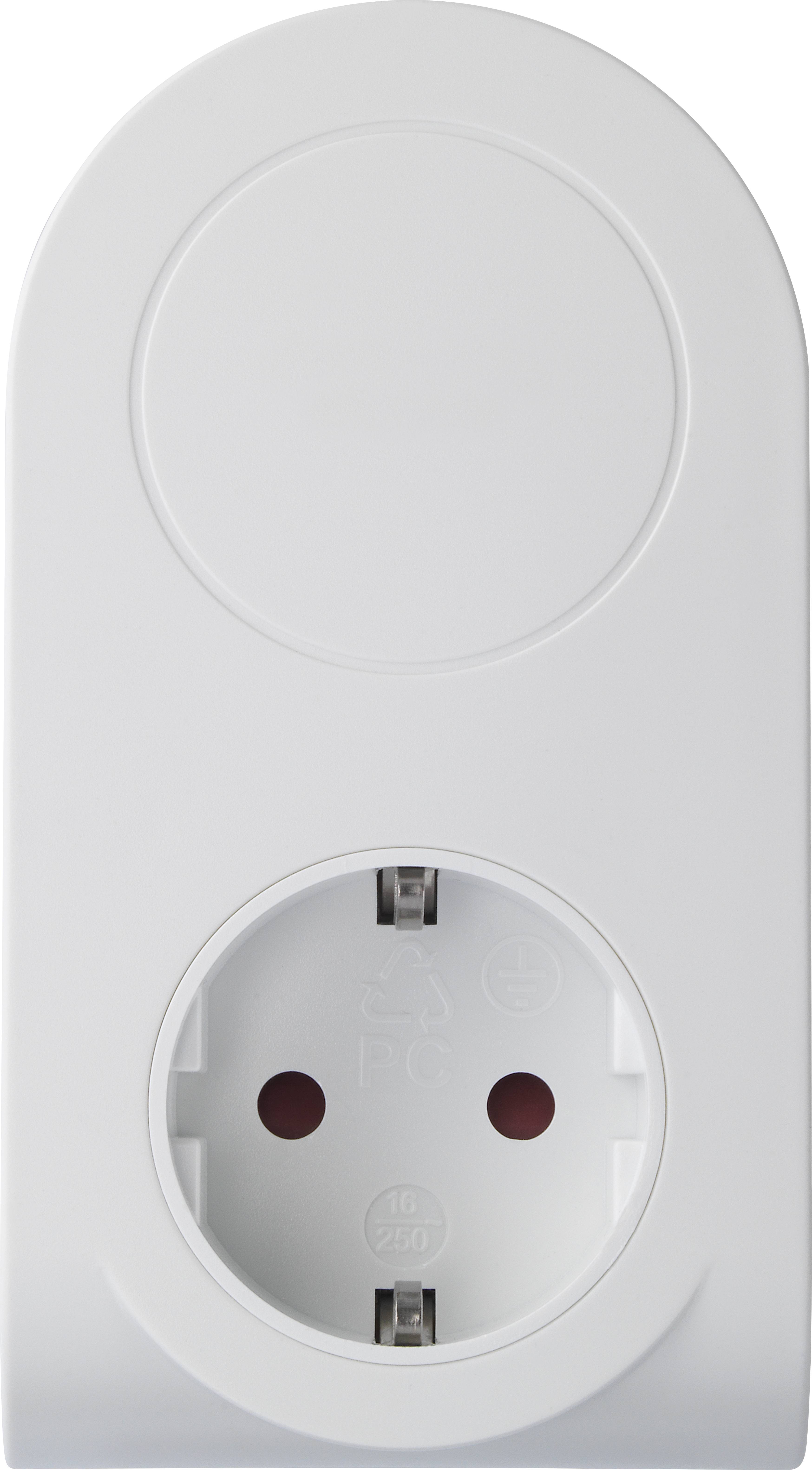 White socket adapters with round Schuko plug.