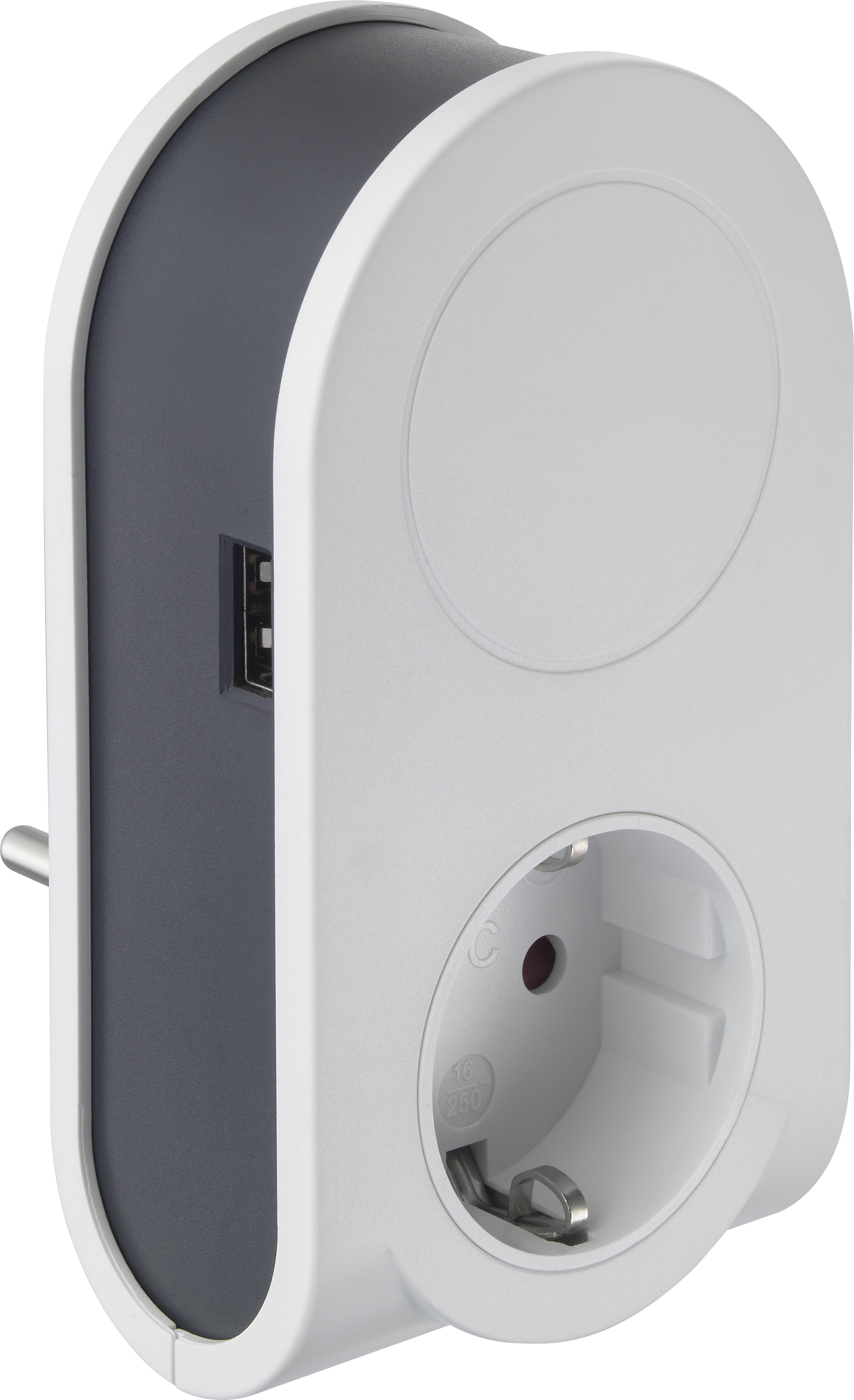 A white plug adapter with side USB ports, suitable for European sockets, enabling simultaneous power supply for multiple devices.