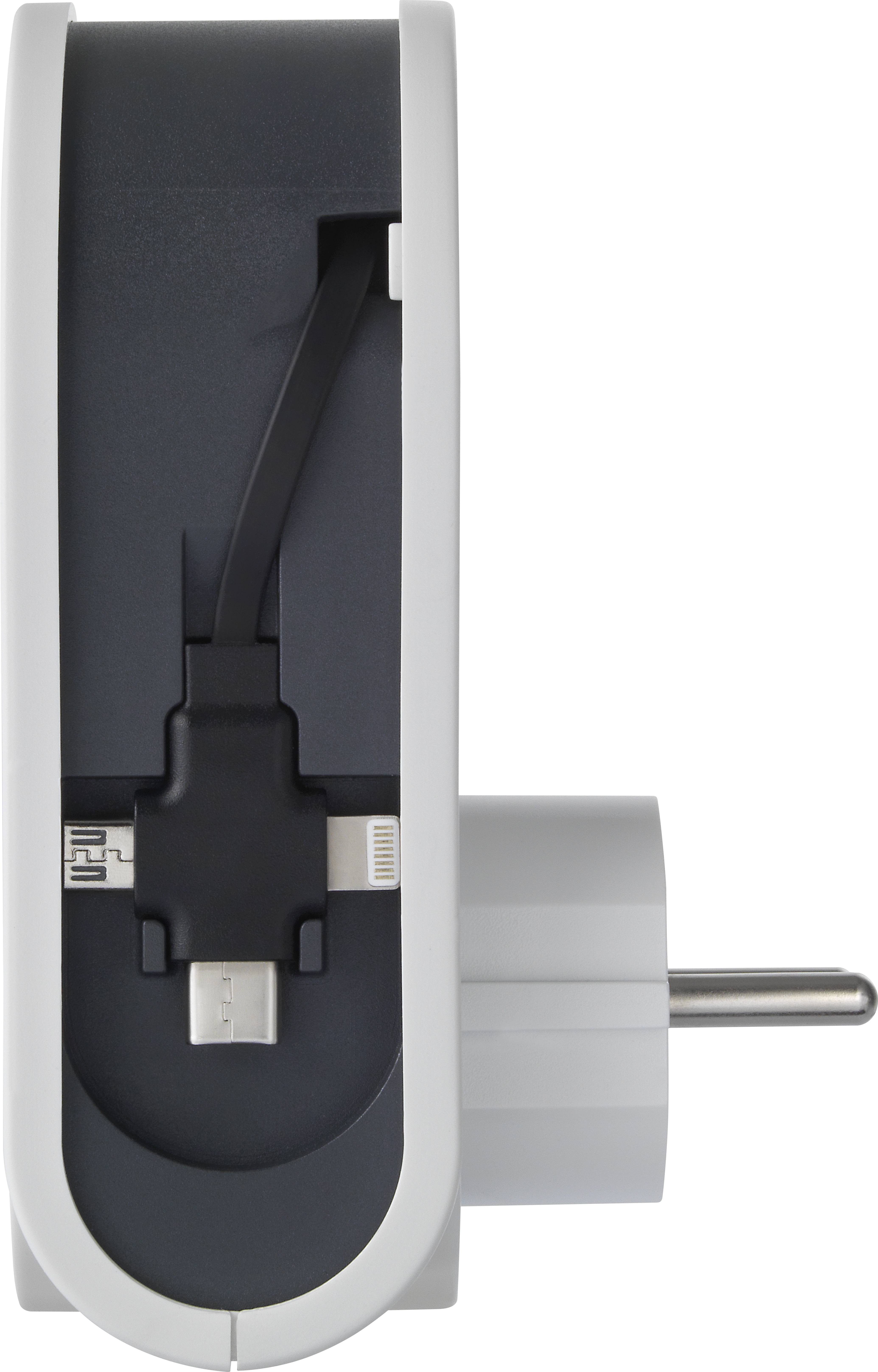 Socket on the wall with integrated cable storage, which organises a USB-C and a Lightning cable.