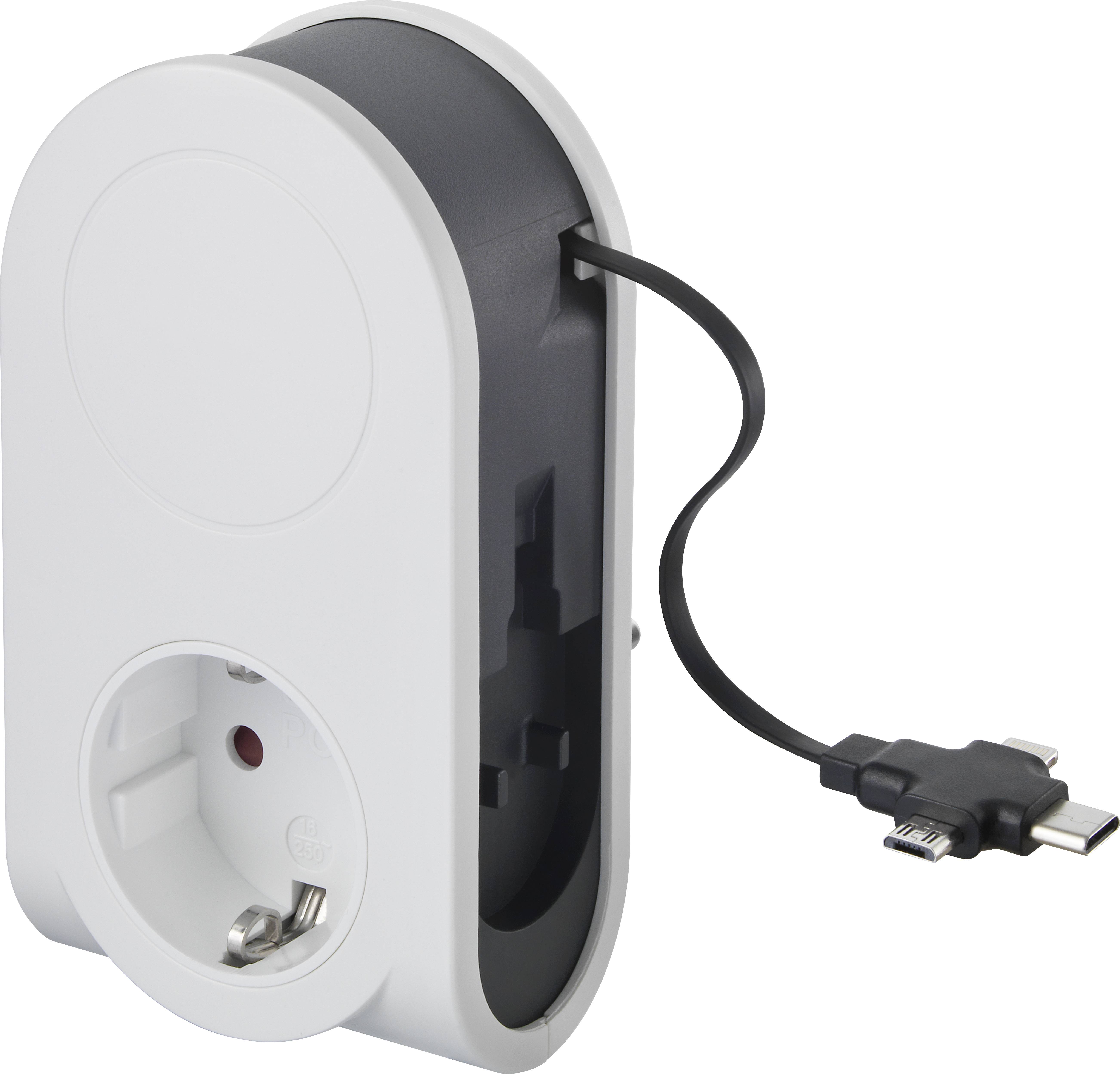 White, oval charger with European plug. Integrated USB-C adapter on cable. Visible from the side with cable at the top.