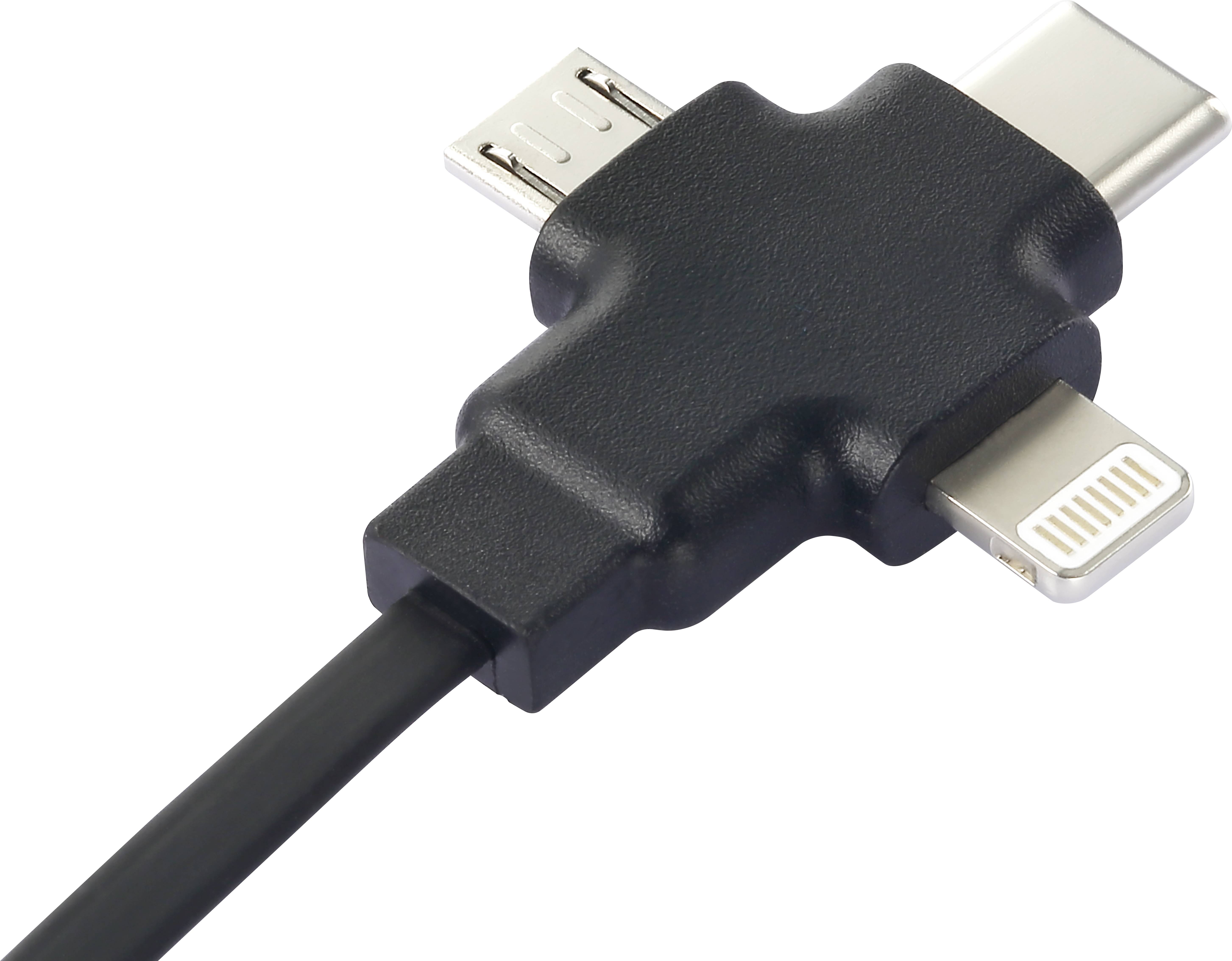 A black charging cable with three different connectors: USB-C, Micro-USB and Lightning, on a white background.