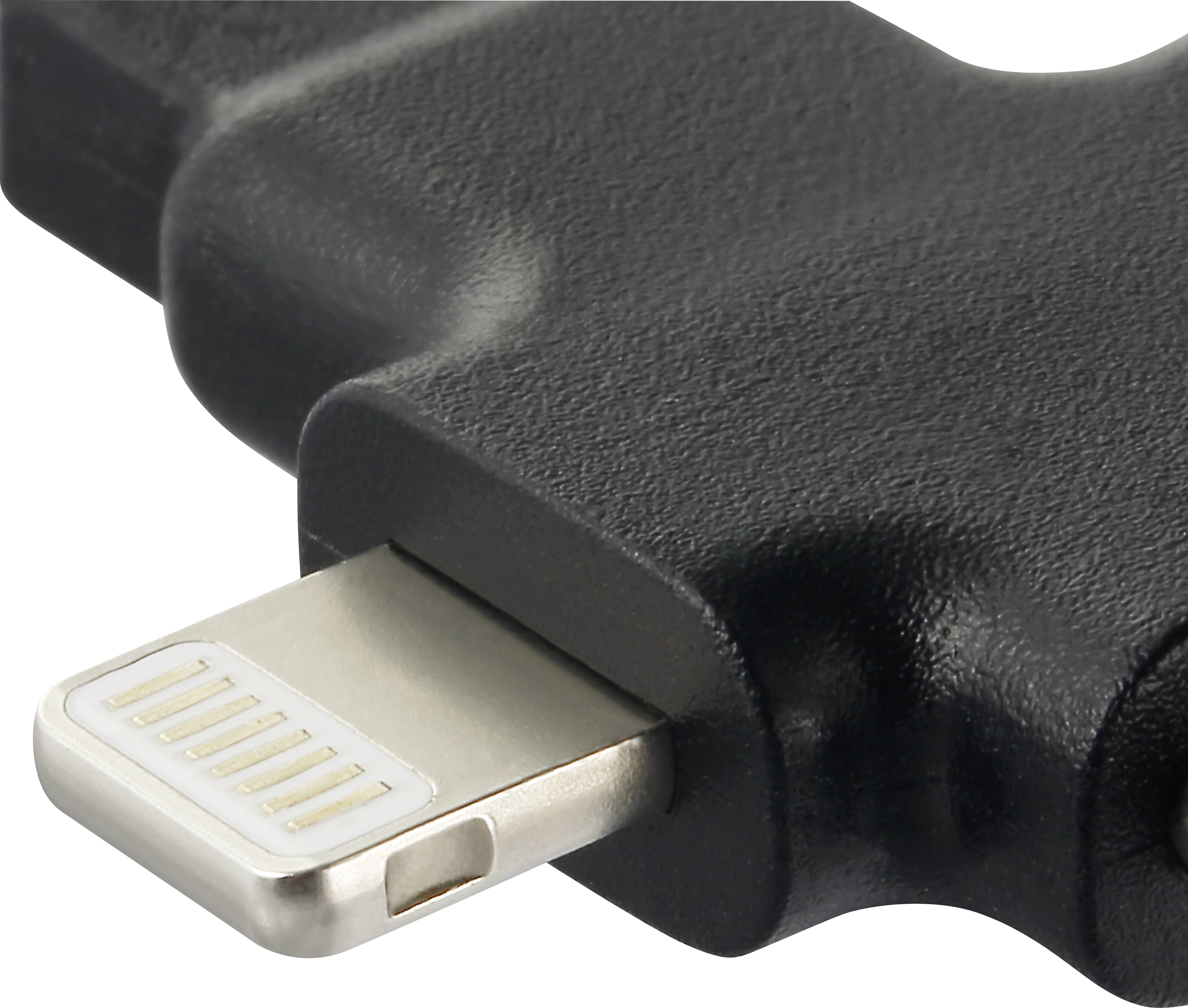 Close-up of a black adapter with a Lightning connector, used for connecting Apple devices.
