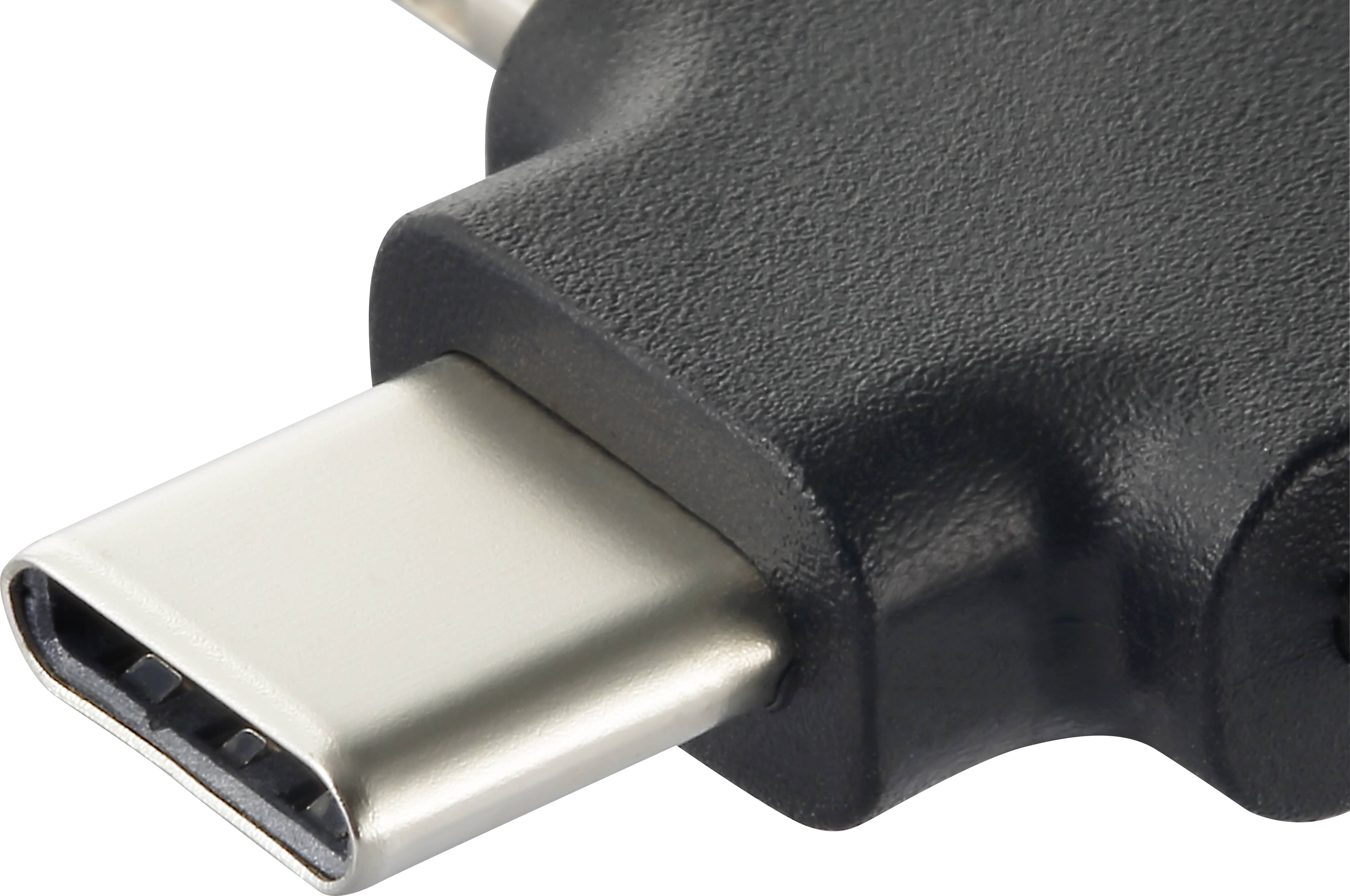 Close-up of a USB-C connector, silver metal connection and black plastic housing, showing modern universal charging accessory.