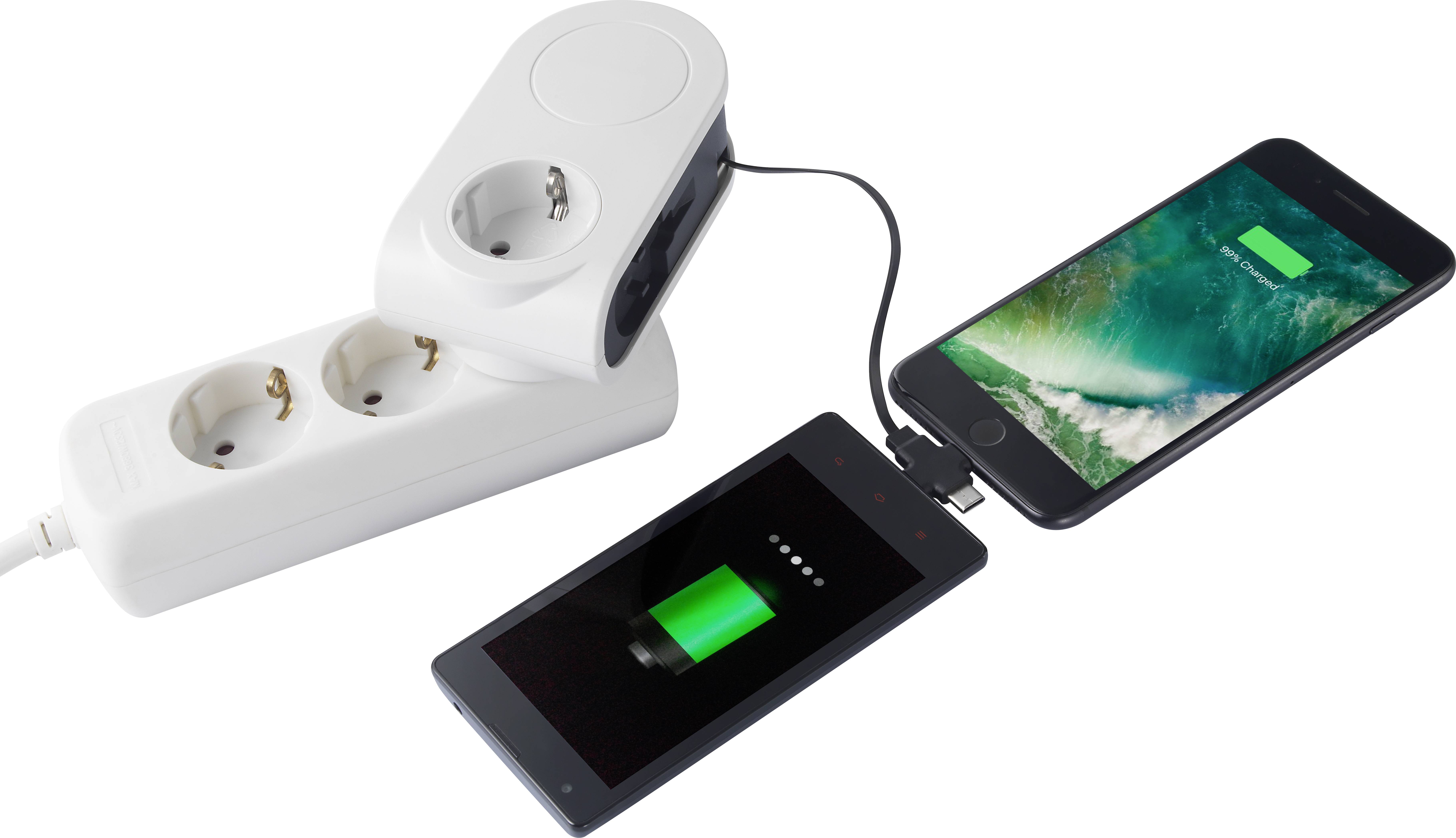 Two smartphones are being charged using a plug adapter, both displaying their charging screens.