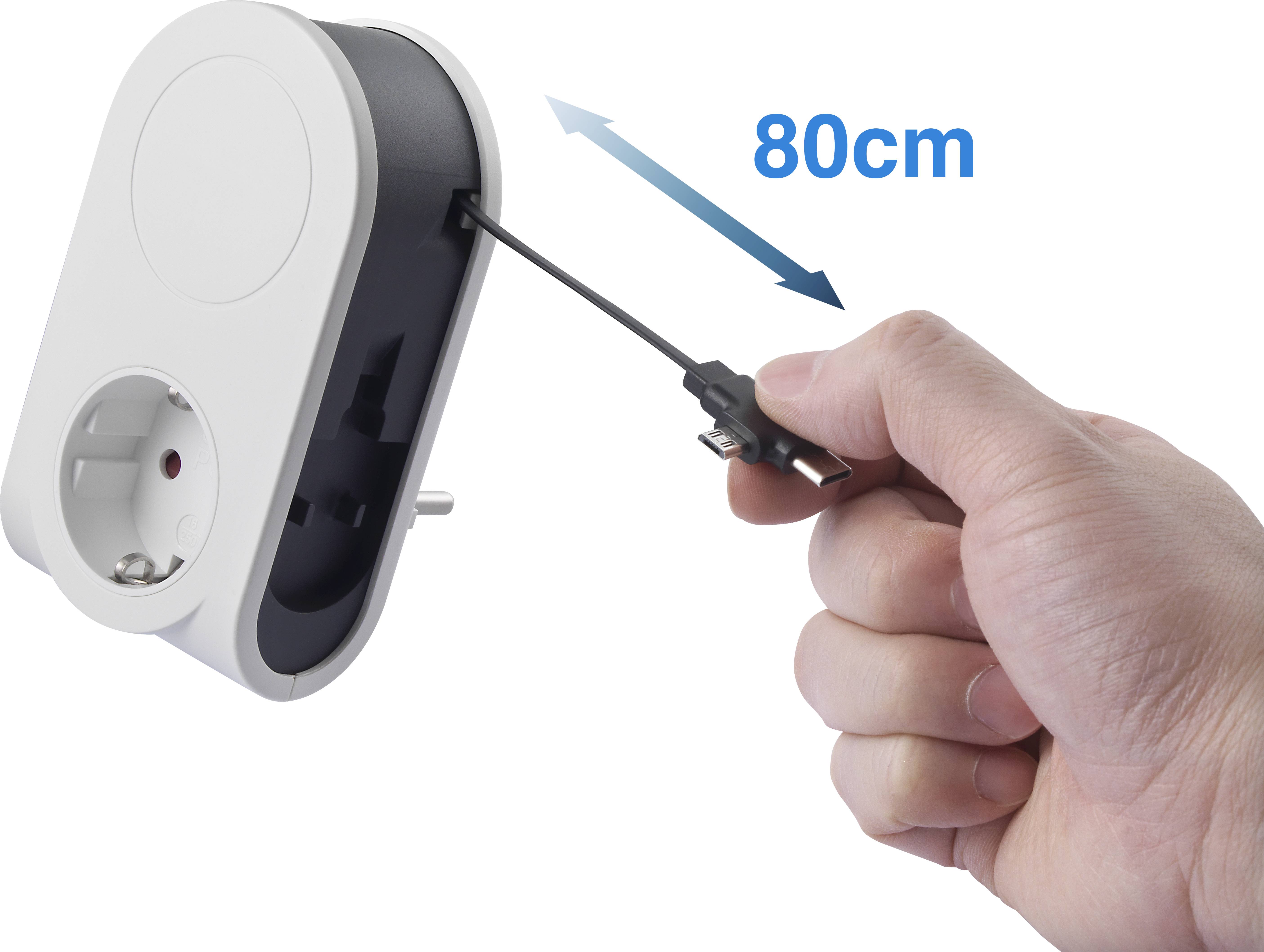 A hand pulls an 80 cm long cable from a white socket.