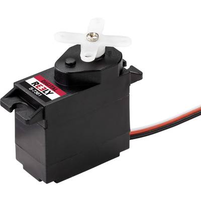 A black digital servo motor with the label 'Digital Rely ST-965', showing a small gear wheel on top, with cables connected to it.