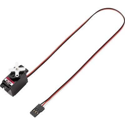 Small black servo motor with long red and black cable and plug.