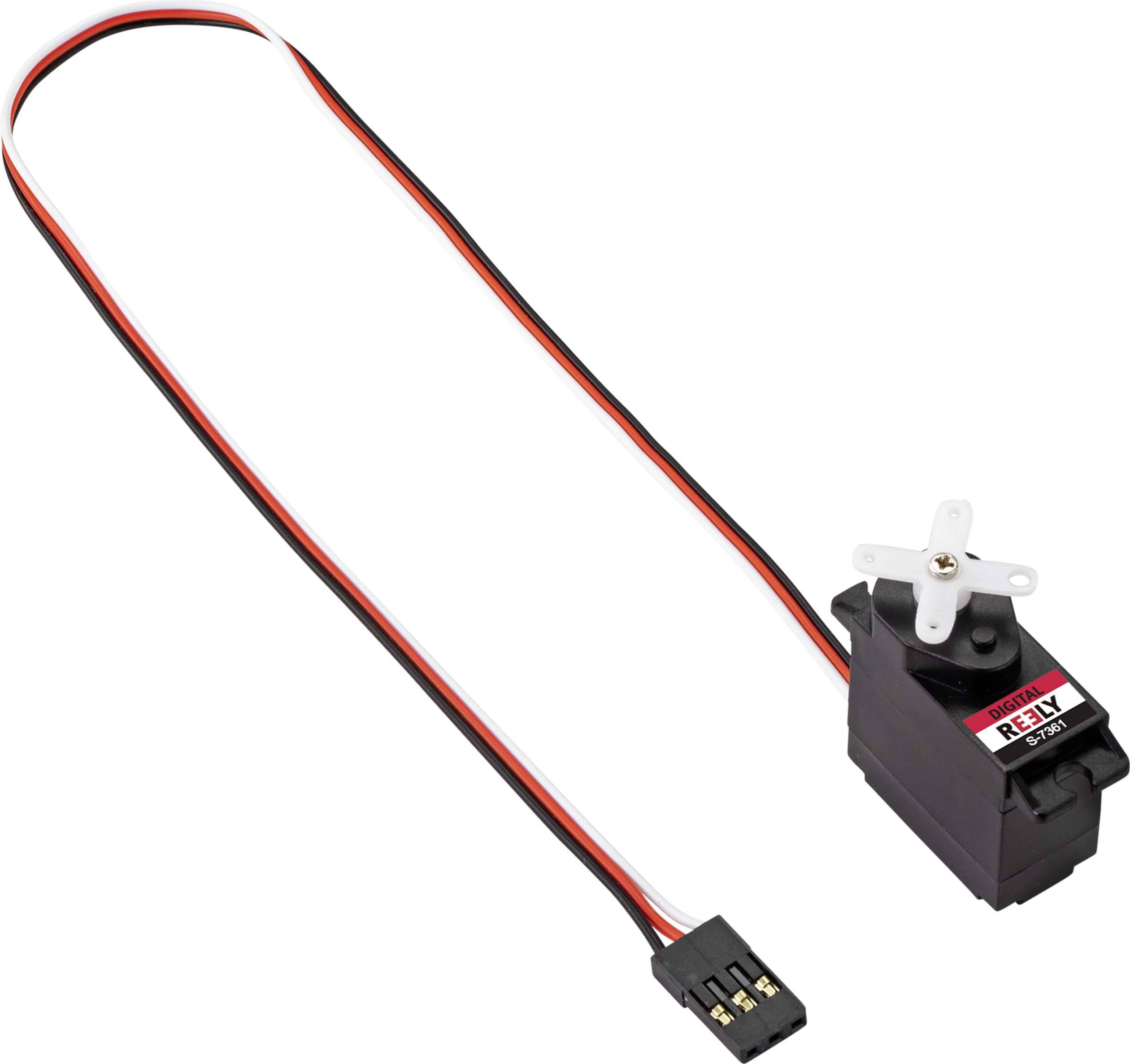 A small black servo motor module with attached cable and plug, suitable for robotics and electronics projects.