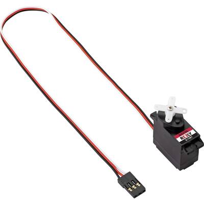 A small black servo motor module with attached cable and plug, suitable for robotics and electronics projects.