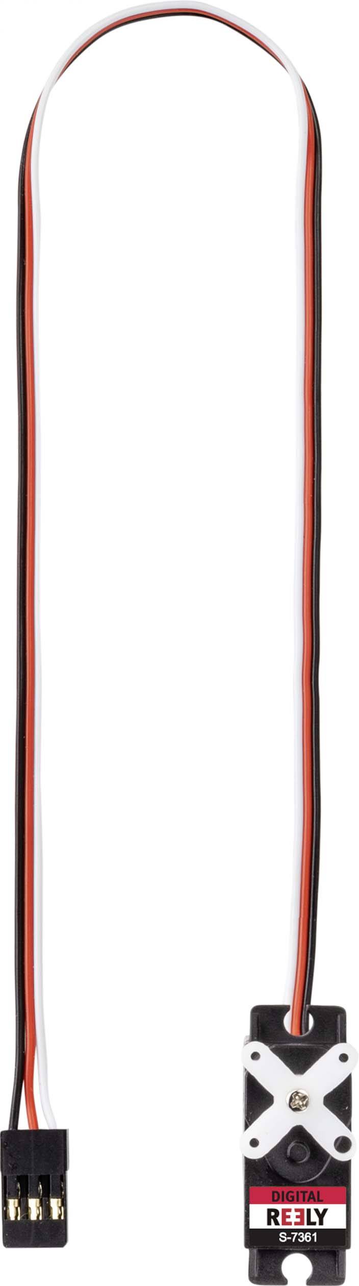 A small electrical component with a long cable, featuring black, red, and white connectors, possibly a servo.