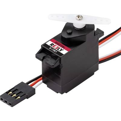 A black digital servo named 'Reely S-261'. It has a white lever arm and three cables with plug interface.