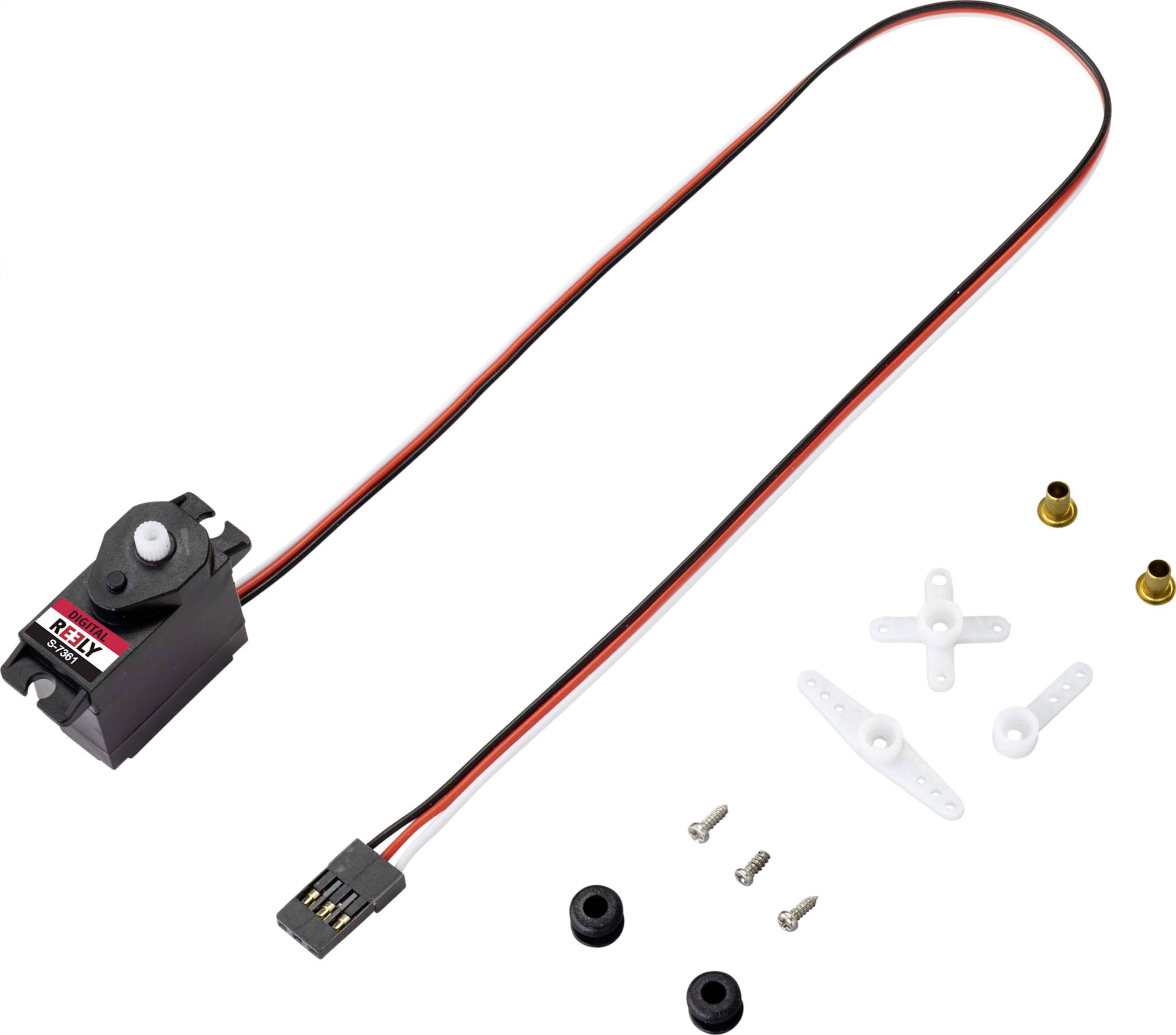 Servomotor with cable and plug, alongside accessories such as fittings and screws, on a white background.