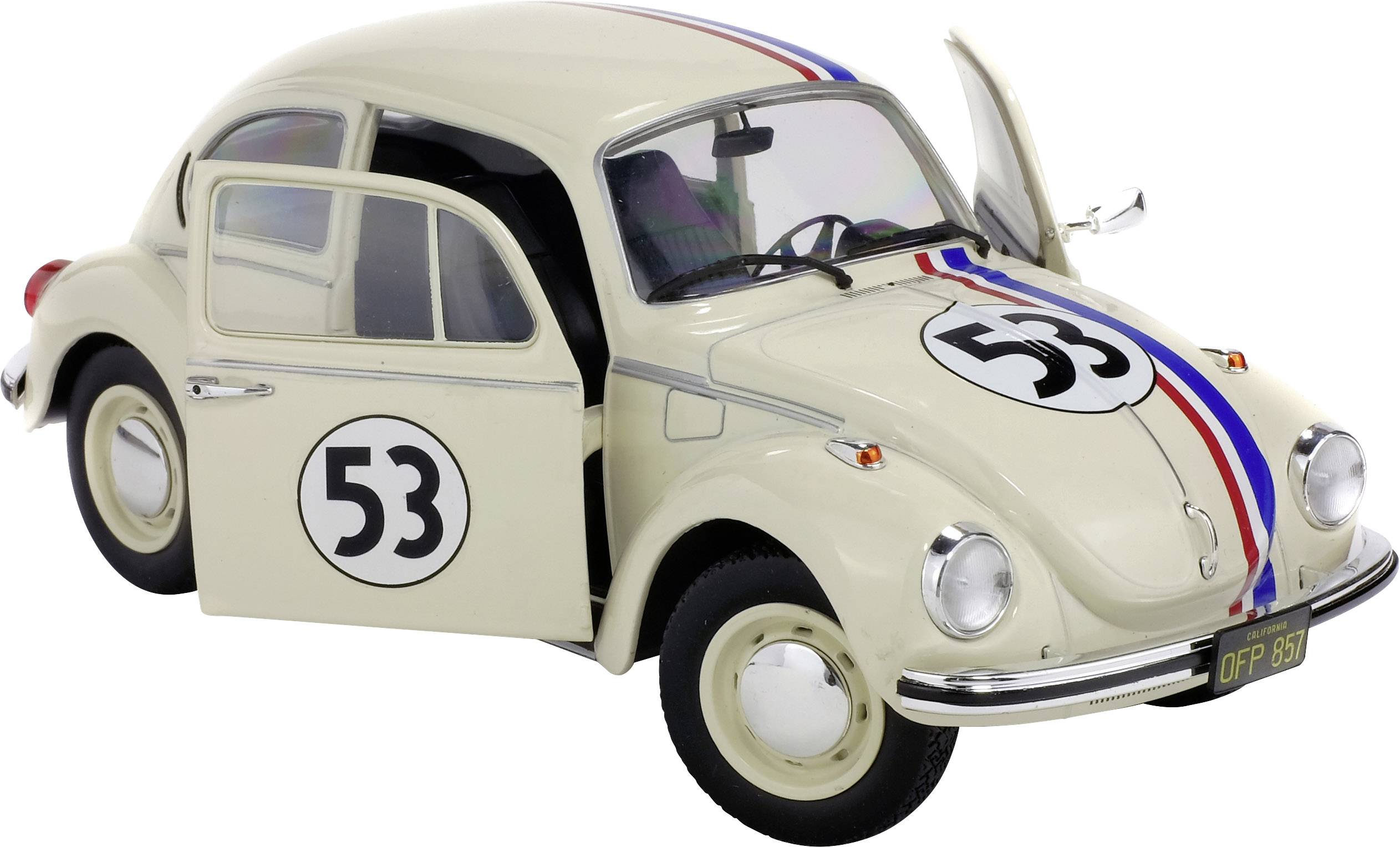 A cream-coloured VW Beetle with the number '53' on the bonnet; the doors are open. Painted with red and blue stripes.
