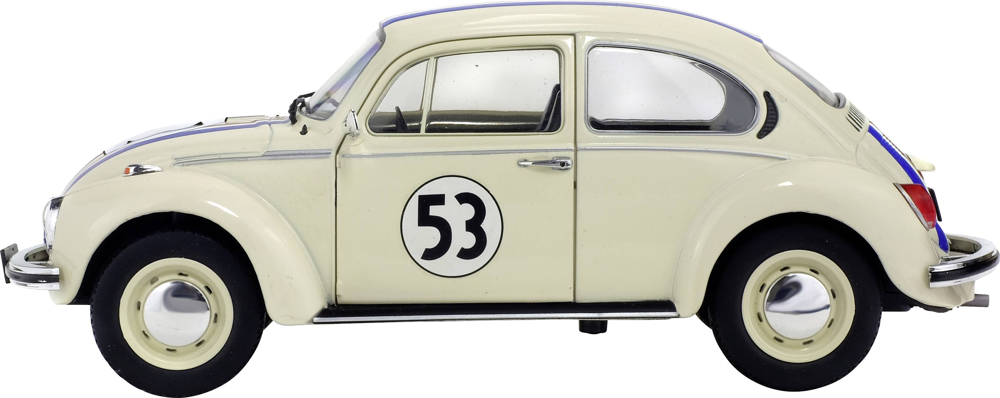 A cream-coloured VW Beetle with the number '53' on the door, viewed from the side. Vehicle with classic design features.
