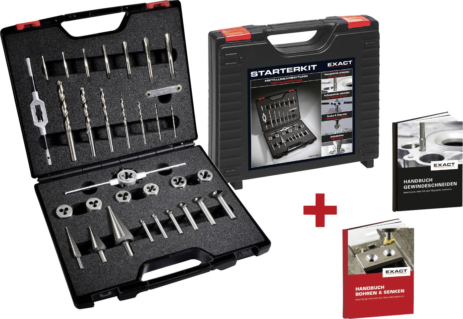 'Starterkit Exact' in a black case with drill bits, tap sets, and instruction manuals for use. Case is open.