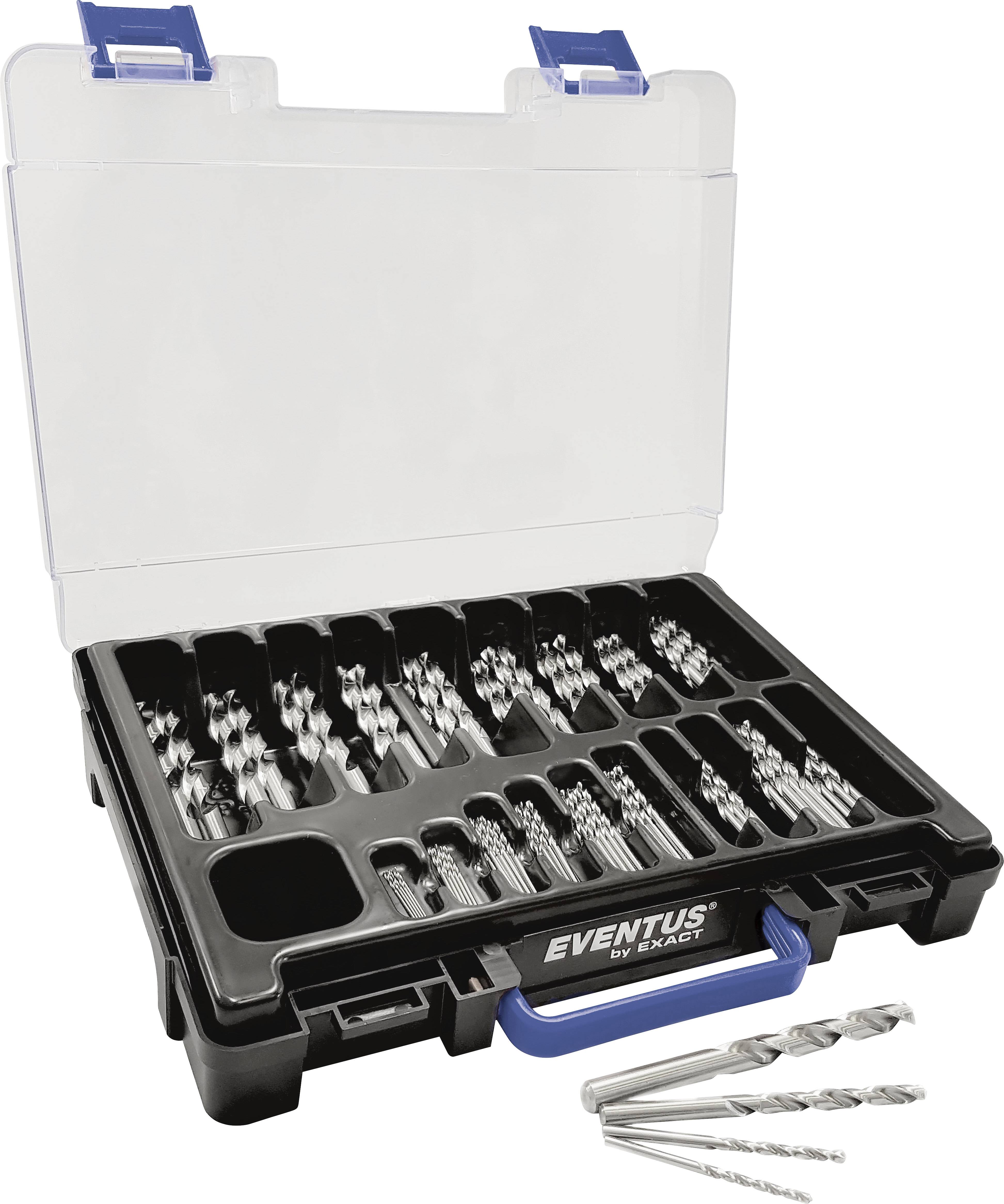 An open suitcase containing multiple rows of drill bits in various sizes, with three additional drill bits lying underneath.