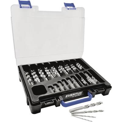 An open suitcase containing multiple rows of drill bits in various sizes, with three additional drill bits lying underneath.