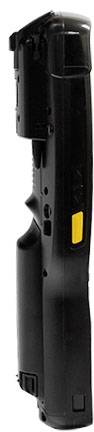 A black handheld scanner with a yellow button and ergonomic handle, viewed from the side, on a white background.