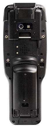 A robust, black electronic handheld device back panel with a camera positioned centrally at the top and several screws and ports.