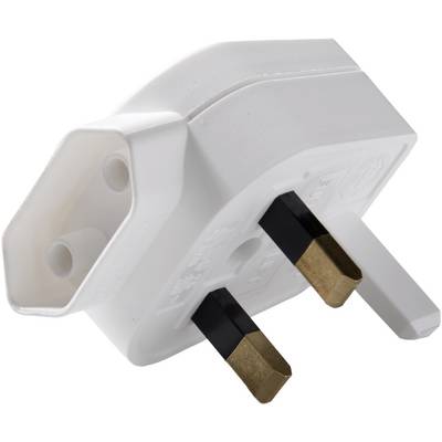 White, three-pin UK plug adapter that enables connection to British power sockets, featuring three straight, rectangular pins.