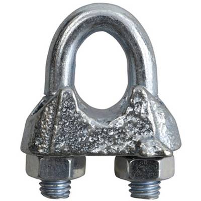 A metal wire rope clip with a U-shaped bolt and two nuts for securing steel cables.